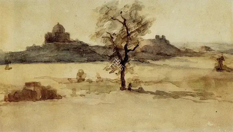 Atul Bose (Artist), Landscape with Mosque in the Distance, 1940, Painting
