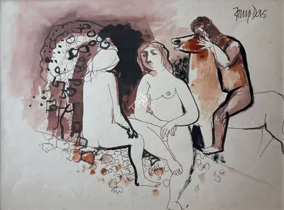 Arup Das (Artist), Untitled (Two Women and a Horse), Painting