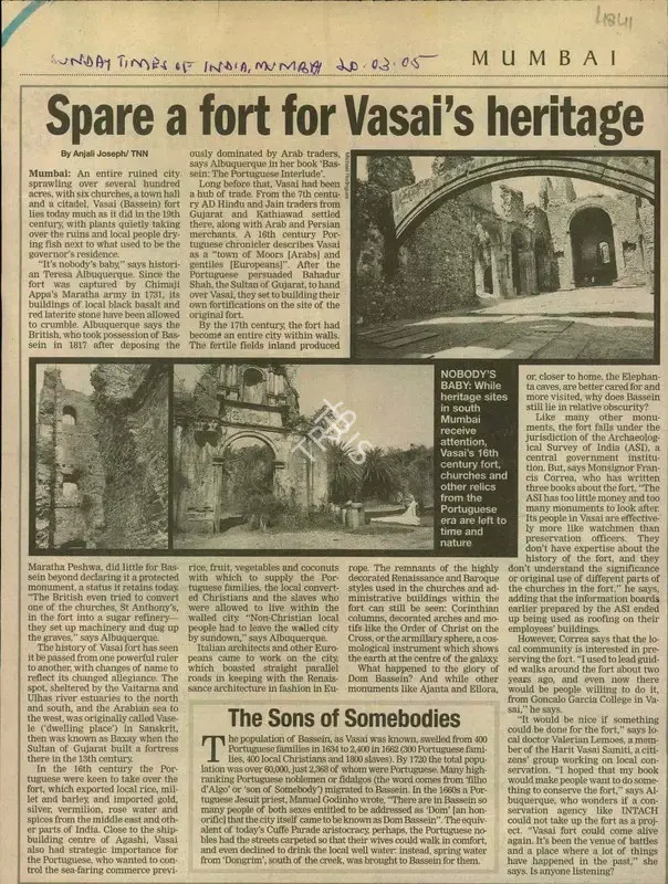 Anjali Joseph (Reporter), Spare a fort for Vasai's Heritage, 2005, Newspaper Clipping