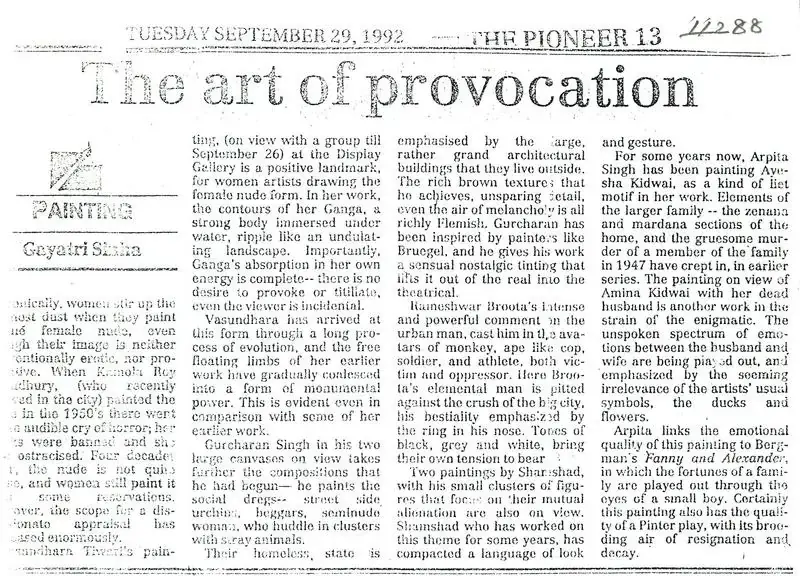 Gayatri Sinha (Writer), The Art of Provocation, 1992, Newspaper clipping