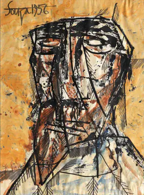 F.N. Souza (Artist), Head on Orange, 1956, Painting