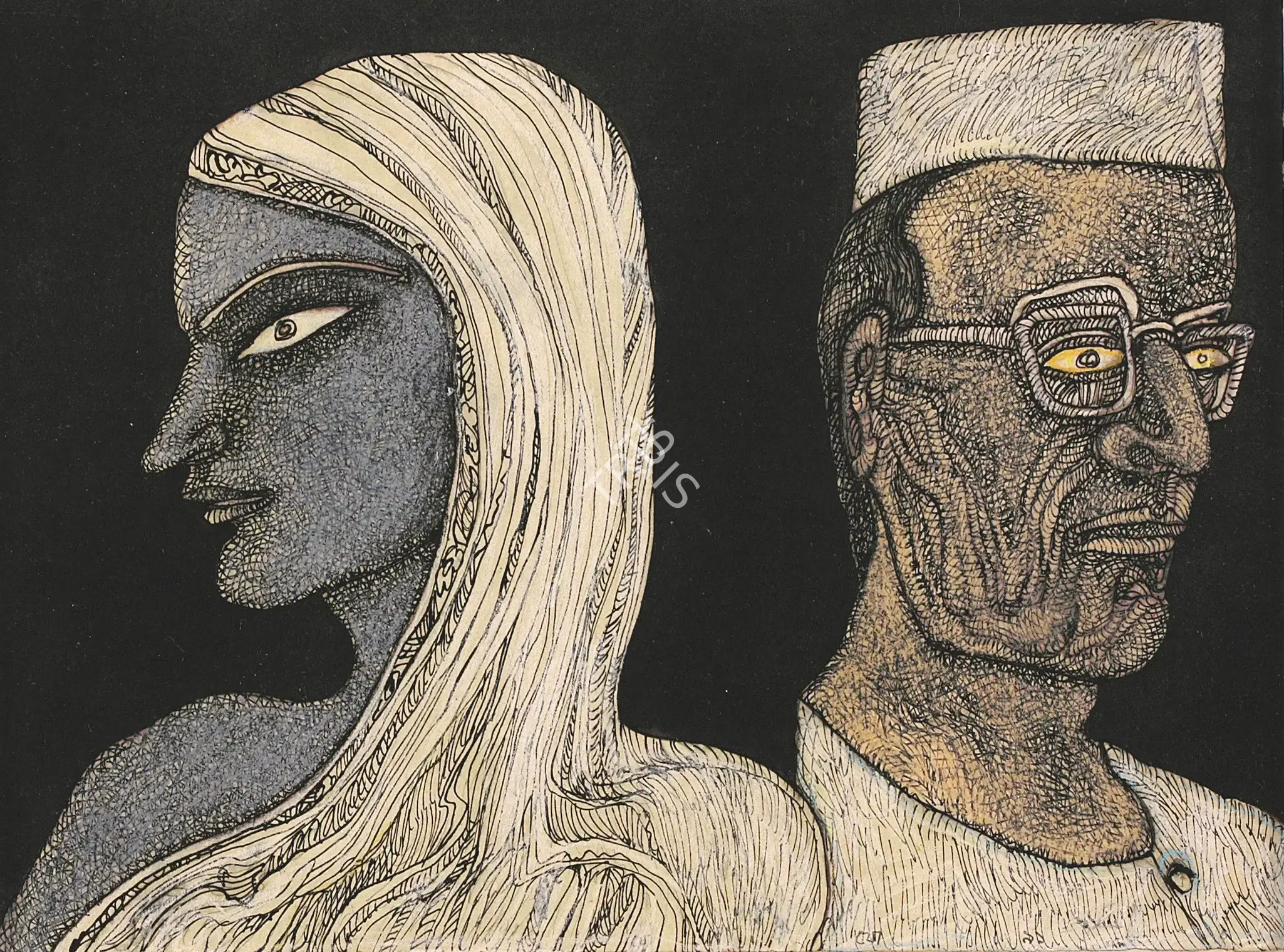 Jogen Chowdhury (Artist), The Leader And She, 1991, Drawing
