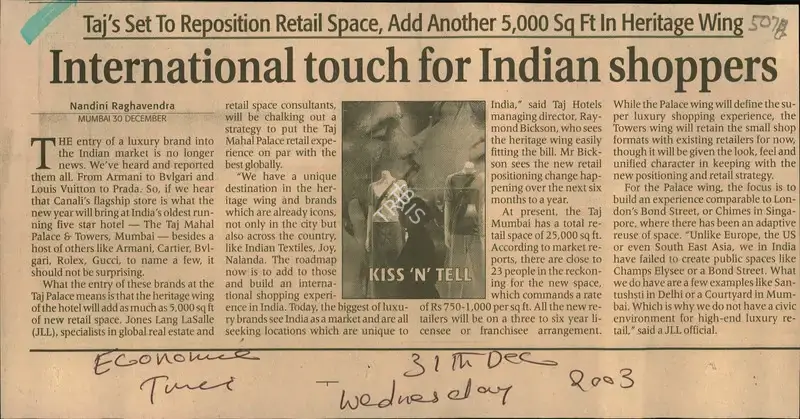 Nandini Raghavendra (Reporter), International touch for Indian Shoppers, 2003, Newspaper Clipping