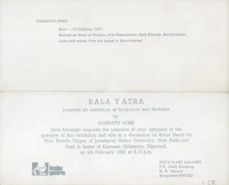 Somnath Hore (Artist), Kala Yatra, 1988, Solo Exhibition Invitation