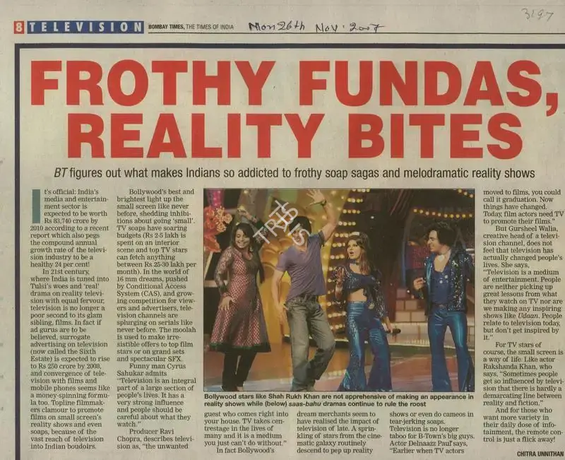 Chitra Unnithan (Reporter), Frothy Fundas, Reality Bites, 2007, Newspaper Clipping