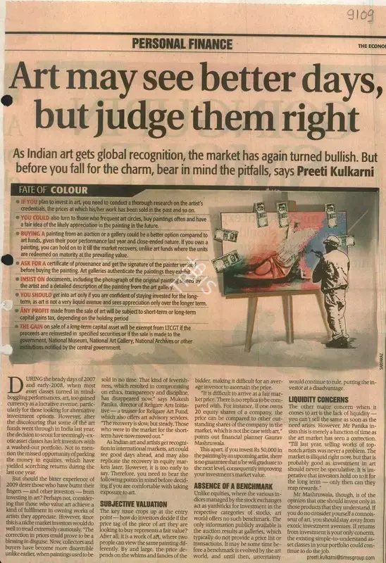 Preeti Kulkarni (Reporter), Art May See Better Days, But Judge Them Right, 2010, Newspaper Clipping
