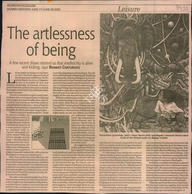Bharati Chaturvedi (Reporter), The Art Lessness of Being, 2003, Newspaper Clipping