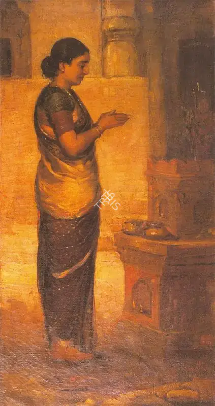 A.X. Trindade (Artist), Woman Performing Pooja, 1930, Painting