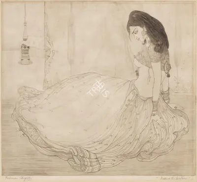 M.A.R. Chughtai (Artist), Behind the Curtain, Graphic Art