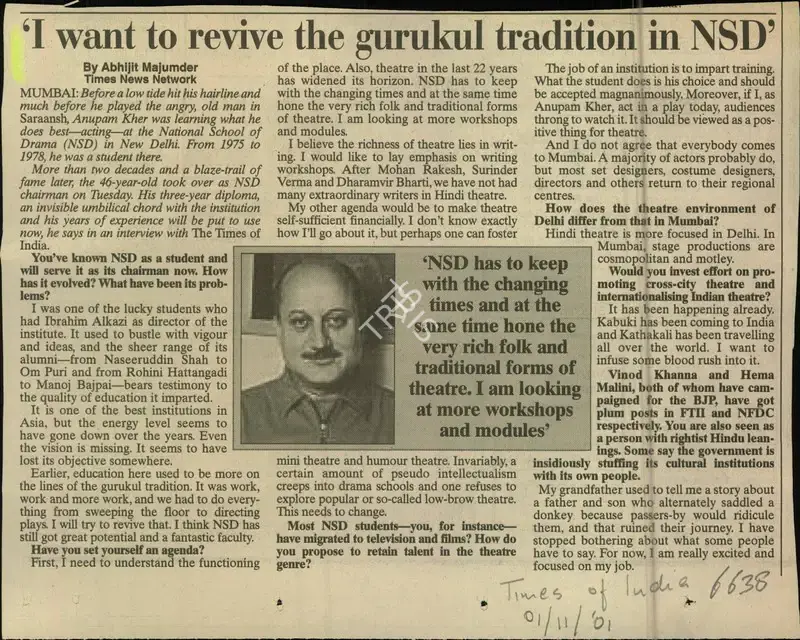 Abhijit Majumder (Reporter), I want to Revive the Gurukul Tradition in NSD, 2001, Newspaper Clipping