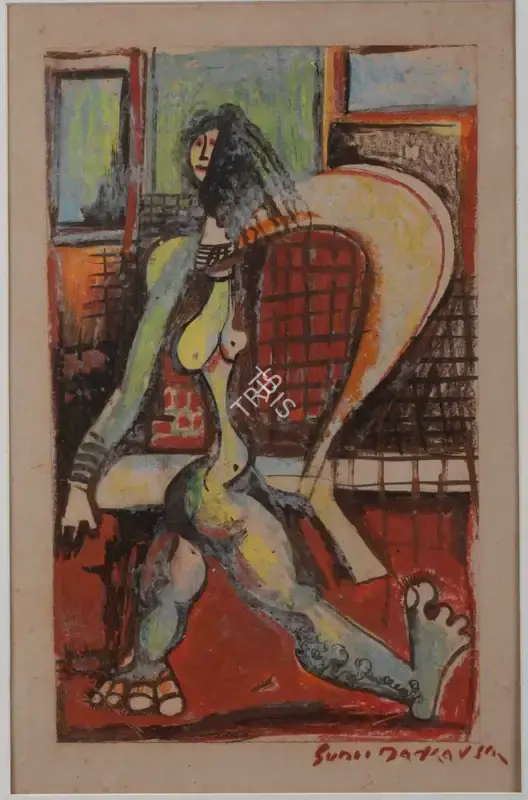 Sunil Madhav Sen (Artist), Untitled (Striding Nude/Men with a Drum), 1960, Painting