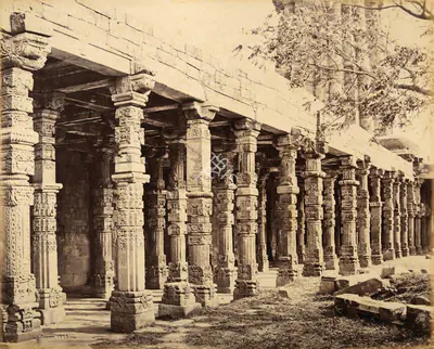 Samuel Bourne (Photographer), Colonnade of Hindoo pillars at the Kootub, East Side, 1865, Antiquarian Photograph