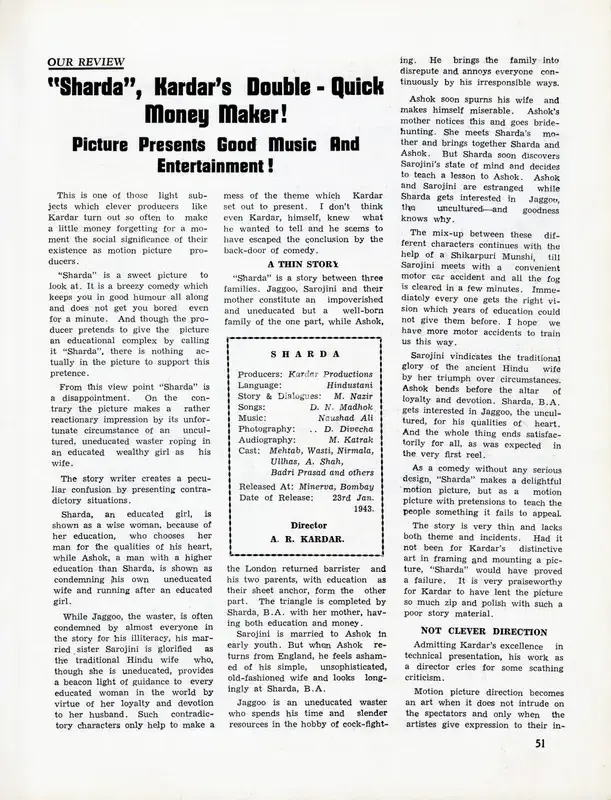 "Sharda", Kardar's Double - Quick Money Maker!, 1943, Film Review