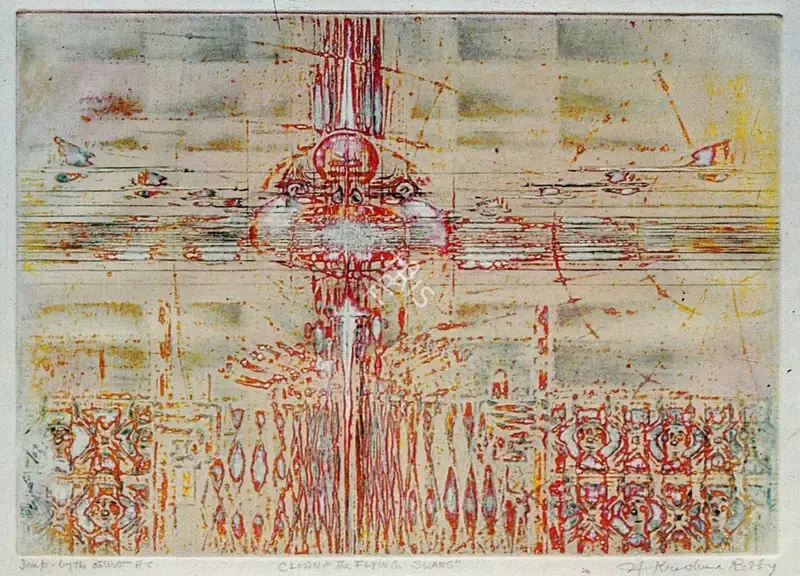 Krishna Reddy (Artist), The Clown and the Flying Swans, 1980, Painting
