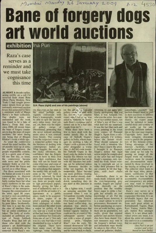 Ina Puri (Reporter), Bane of Forgery dogs art world Auctions, 2009, Newspaper Clipping