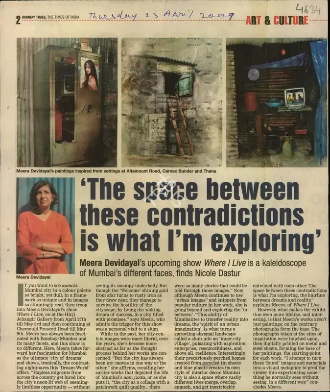 Meera Devidayal (Reporter), The Space Between these Contradictions is what I'm Exploring, 2009, Newspaper Clipping