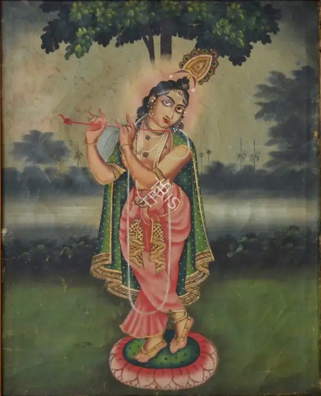 Bengal School (Artist), Krisnonas, Portrait of lady playing a flute in a river landscape, Painting