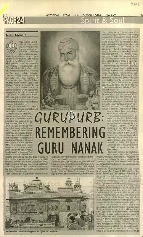 Neetu Chandra (Reporter), Gurupurn; Remembering Guru Nanak, 2005, Newspaper Clipping