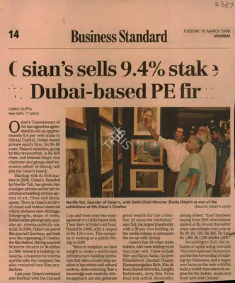 Gargi Gupta (Reporter), Osian's Sells 9.4%Stake to Dubai-based PE Firm, 2008, Newspaper Clipping