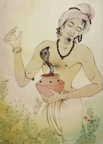 Sanat Chatterjee (Artist), Snake Charmer, Painting