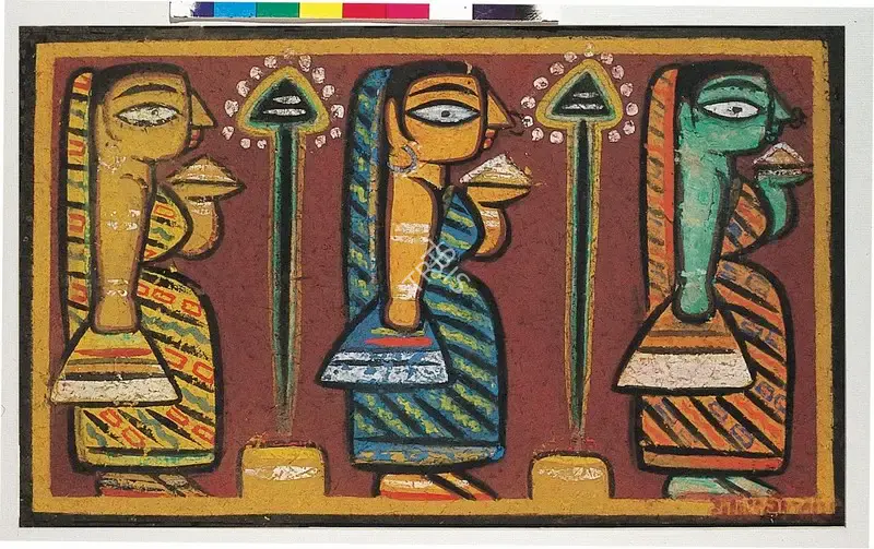 Jamini Roy (Artist), Three Pujarins, 1949, Painting
