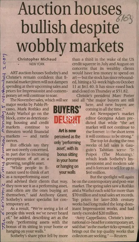 Christopher Michaud (Reporter), Auction Houses Bullish Despite Wobbly Markets, 2007, Newspaper Clipping