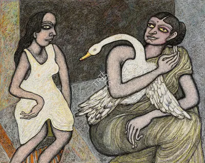 Chowdhury, Jogen (Artist). Two Women and the Swan, 1995 | Painting, Ch.NeY/23.03.22, 2022 · Christie's
