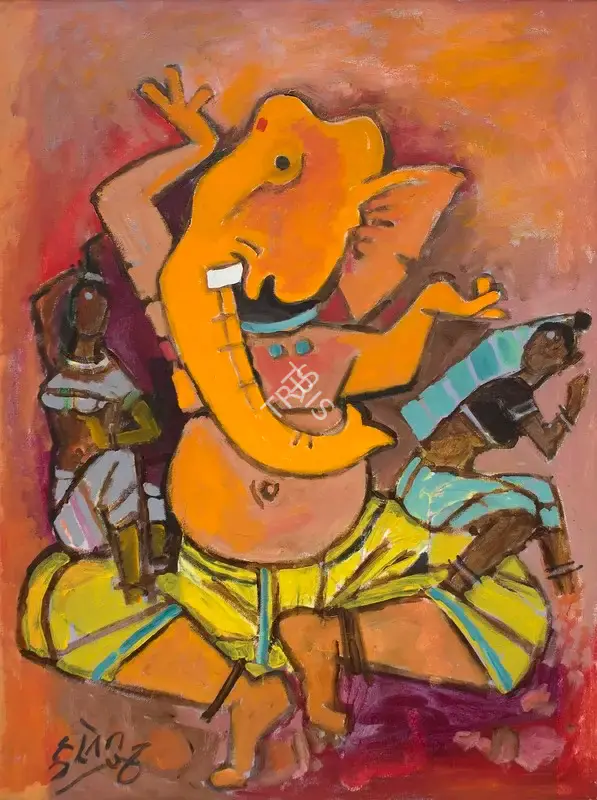 M.F. Husain (Artist), Untitled (Riddhi Siddhi Ganesh), 1989, Painting