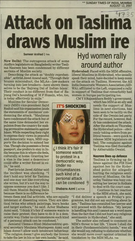 Sameer Arshad (Reporter), Attack on Taslima Draws Muslim ire, 2007, Newspaper Clipping