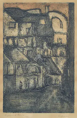 Akbar Padamsee (Artist), Untitled (Houses), 1965, Graphic Art