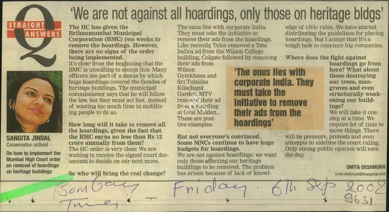 Smita Deshmukh (Reporter), We Are Not Against All Hoardings, Only Those On Heritage Bldgs, 2002, Newspaper Clipping