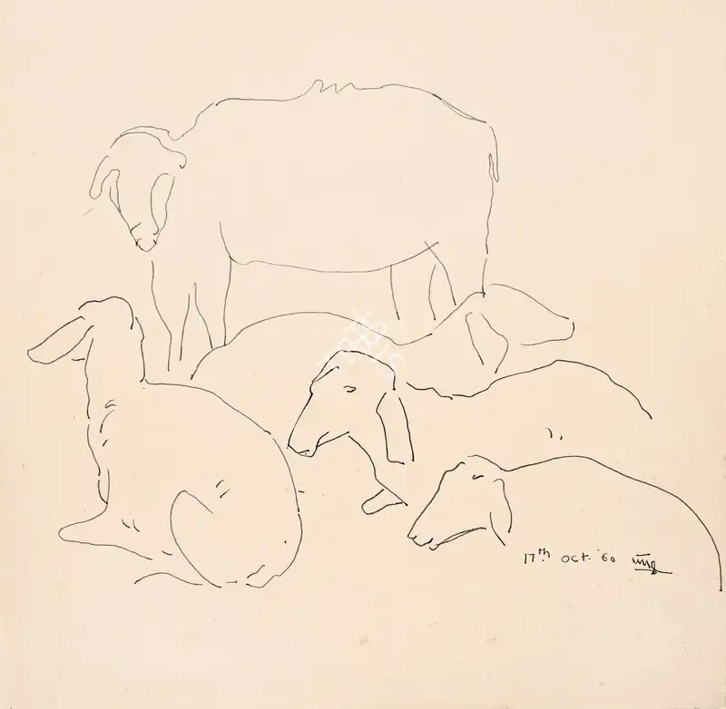 K. Laxma Goud (Artist), Untitled (Herd), 1960, Drawing