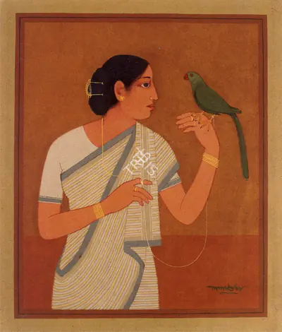 Lalu Prasad Shaw (Artist), Woman With Bird, Painting
