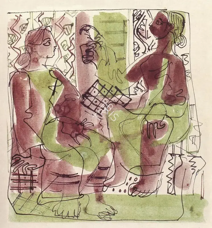 K.G. Subramanyan (Artist), Two Seated Figures in Interior, 1952, Painting