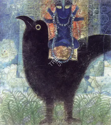 Manoj Mitra (Artist), Crow and the Blue God, Painting
