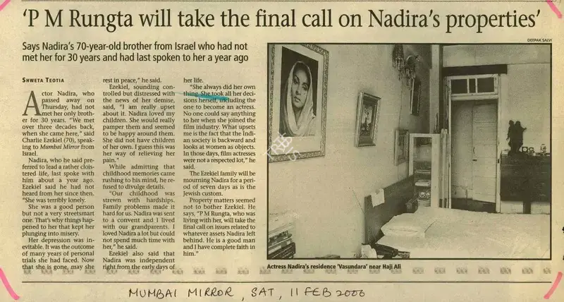 Shweta Teotia (Writer), P M Rungta Will Take The Final Call On Nadiras Properties, 2006, Newspaper Clipping