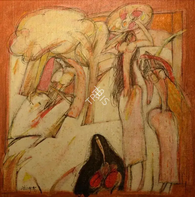 Dhiraj Choudhury (Artist), Women carrying bowls of food with woodland, 1995, Painting