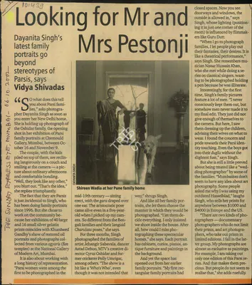 Vidya Shivadas (Reporter), Looking for Mr and Mrs Pestonji, 2002, Newspaper Clipping