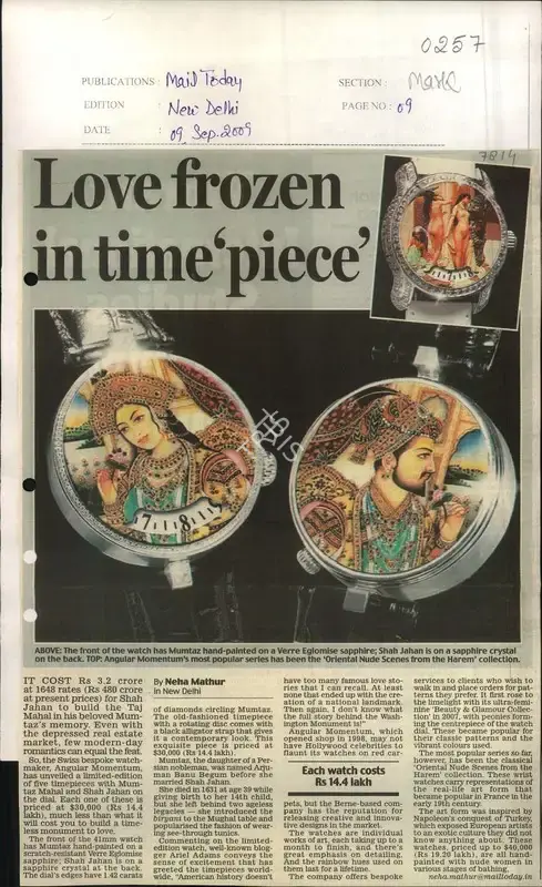 Neha Mathur (Reporter), Love Frozen in Time Piece, 2009, Newspaper Clipping