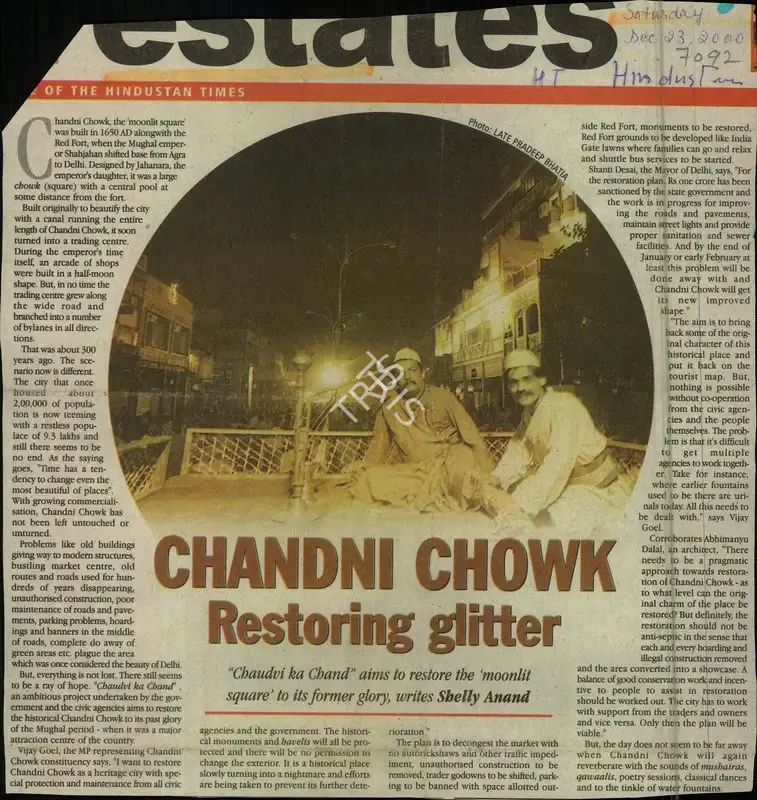 Shelly Anand (Reporter), Chandni Chowk Restoring Glitter, 2000, Newspaper Clipping