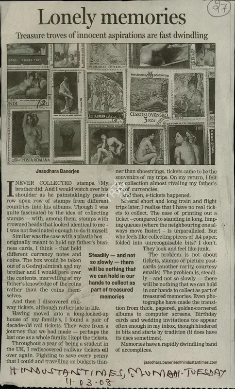 Jasodhara Banerjee (Reporter), Lonely Memories, 2008, Newspaper Clipping