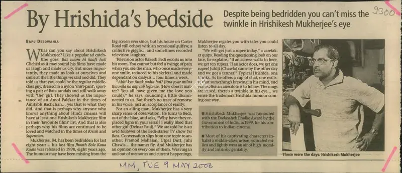 Bapu Deedwania (Writer), By Hrishida's Bedside, 2006, Newspaper Clipping