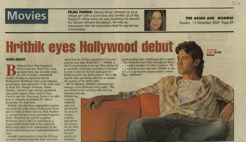 Shama Bhagat (Reporter), Hrithik Eyes Hollywood Debut, 2007, Newspaper Clipping