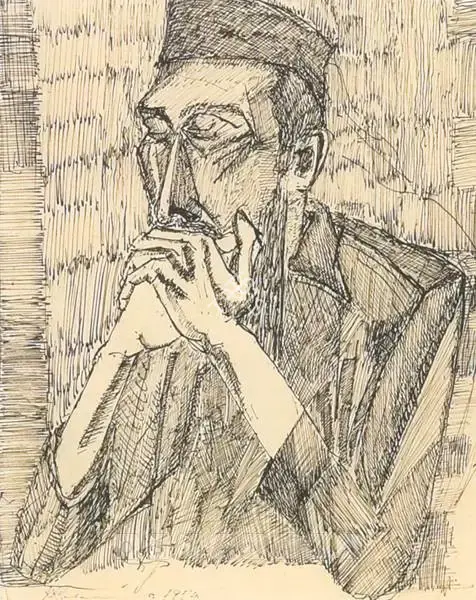 Krishen Khanna (Artist), Portrait Of Husain, 1954, Drawing