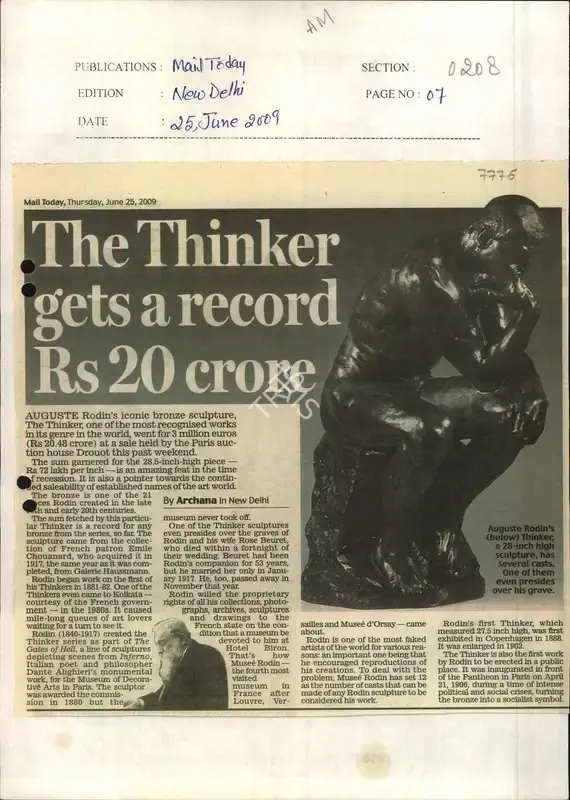 Archana Khare (Reporter), The Thinker Gets a Record Rs 20 Crore, 2009, Newspaper Clipping