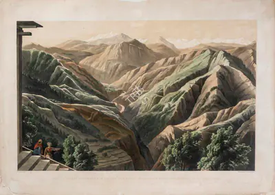 T. Picken (Lithographer), The village of Koomarsen on the left hand range, the Kooloo and Kote Kangaroo Ranges in the distance - Sunset, 1852, Lithograph