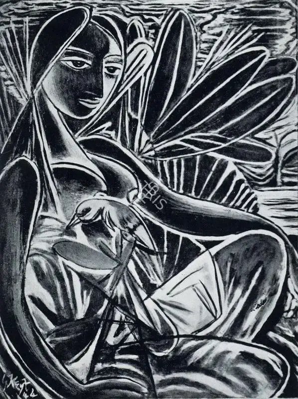 George Keyt (Artist), Woman with Bird, 1944, Painting