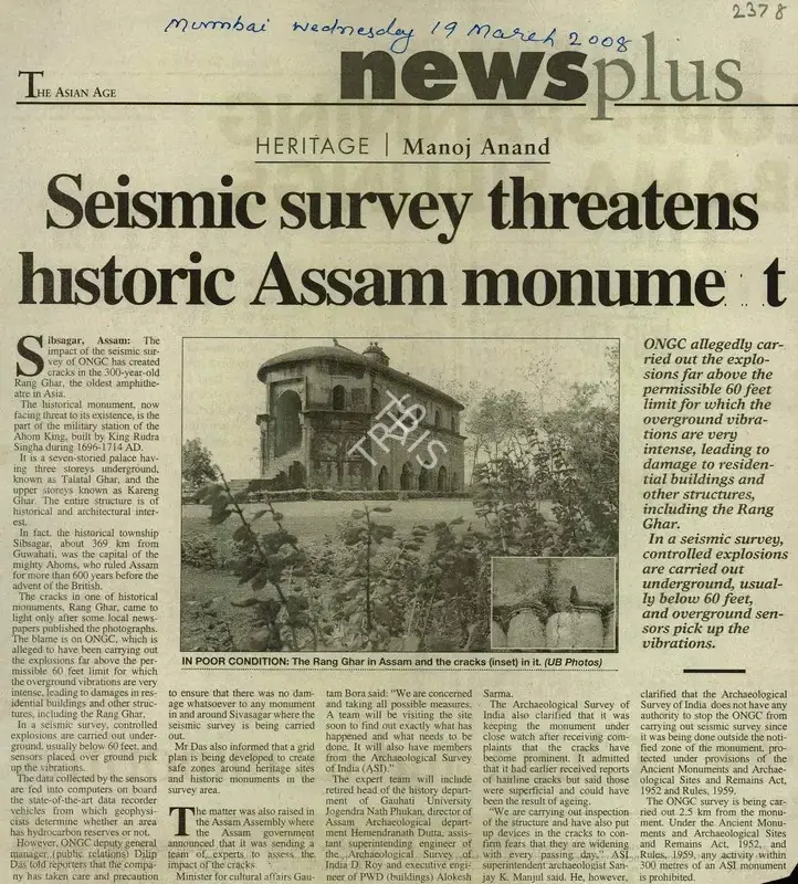 Manoj Anand (Writer), Seismic Survey Threatens Historic Assam Monument, 2008, Newspaper Clipping