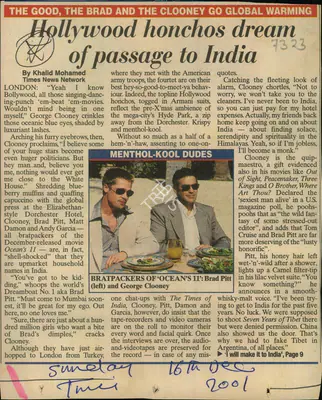 Khalid Mohamed (Reporter), Hollywood Honchos Dream of Passage to India, 2001, Newspaper Clipping