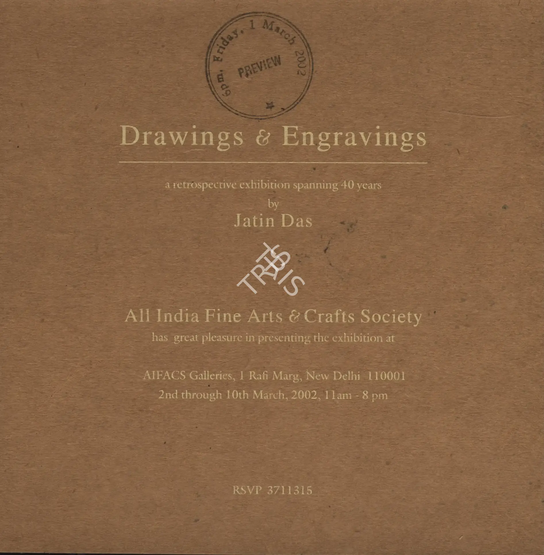 Jatin Das (Artist), Drawings & Engravings, 2002, Solo Exhibition Invitation